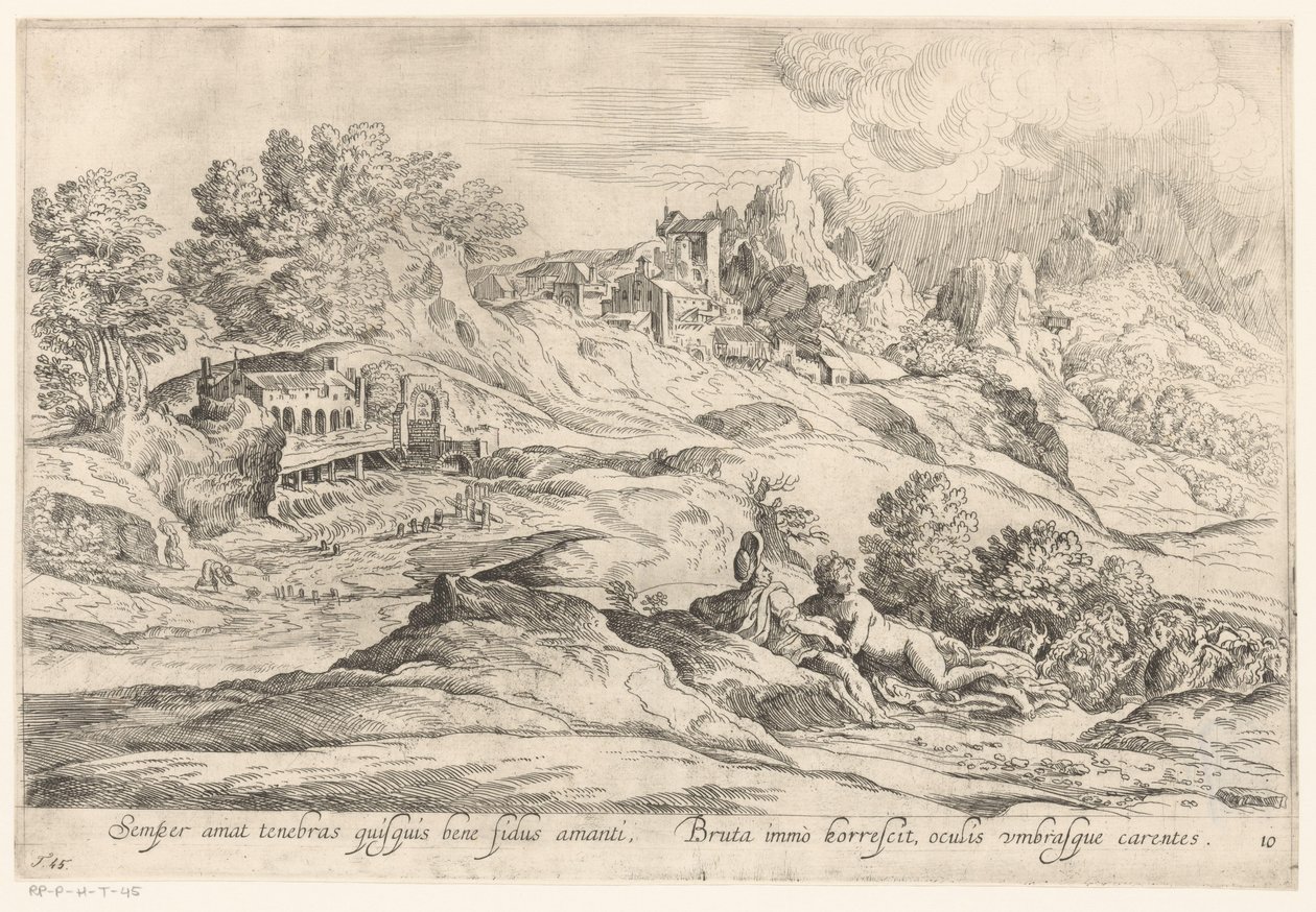 Landschap conoció a minnend paar El que es fiel a su amante siempre ama la oscuridad, / El bruto todavía se estremecía, sus ojos carecían de sombras (título sobre objeto) Landschappen naar Domenico Campagnola (título de la serie) de Anonymous