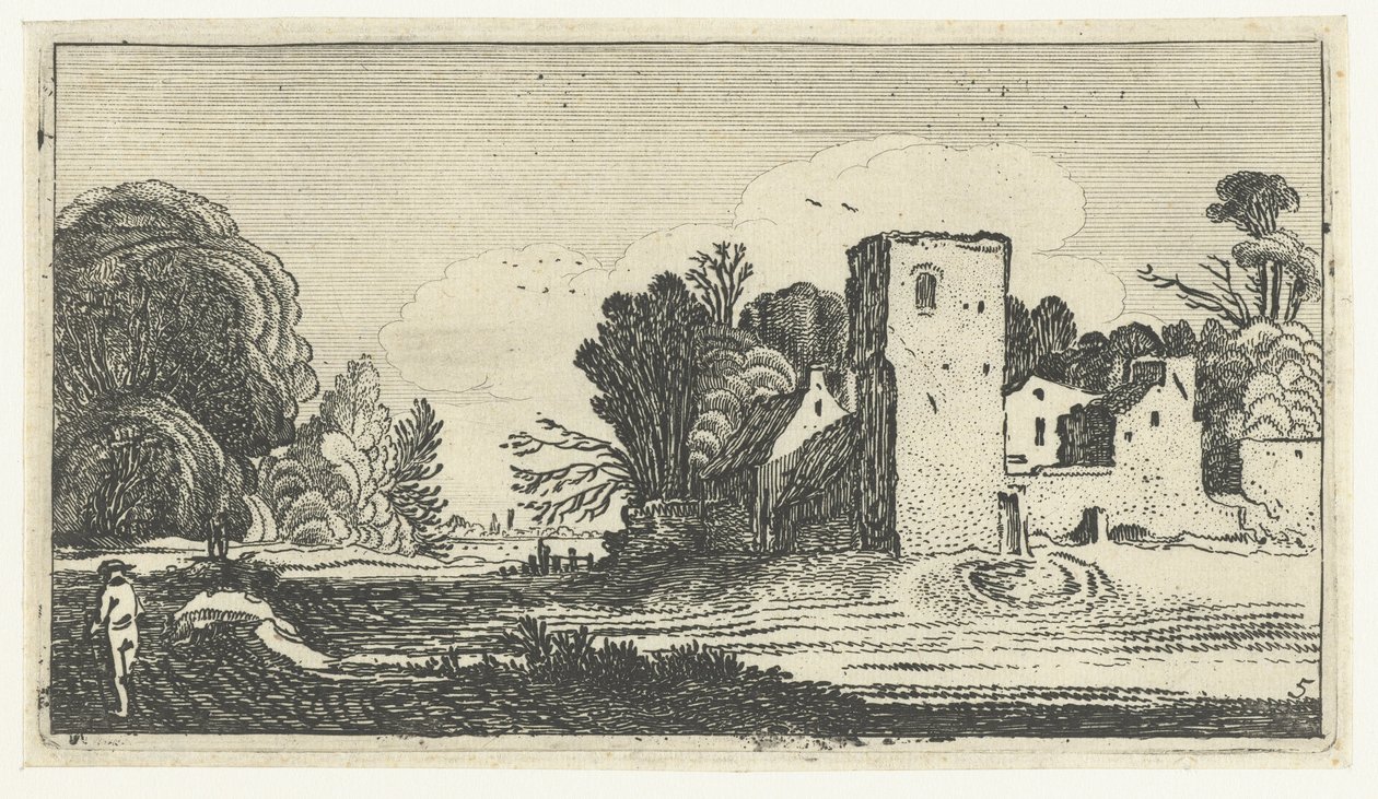Paisaje con torre cuadrada cerca de casas. Paisajes después de Esaias van de Velde (título de la serie) de Anonymous