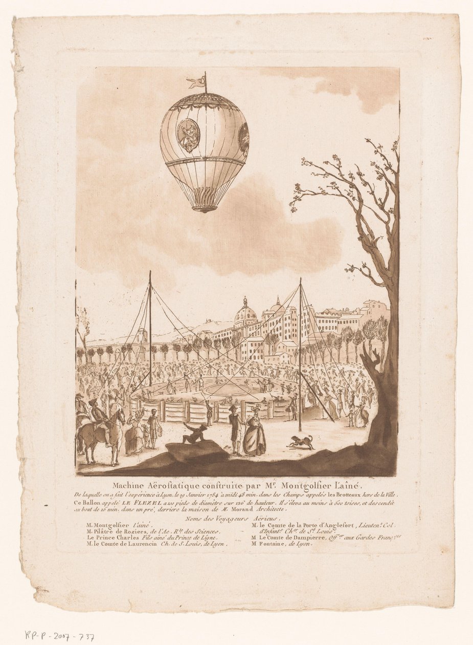 Luchtballon, Le Flezel, van Joseph-Michael Montgolfier el Viejo buiten Lyon Máquina aeroestática construida por el Sr. Montgolfier el Viejo (título sobre el objeto) de Anonymous