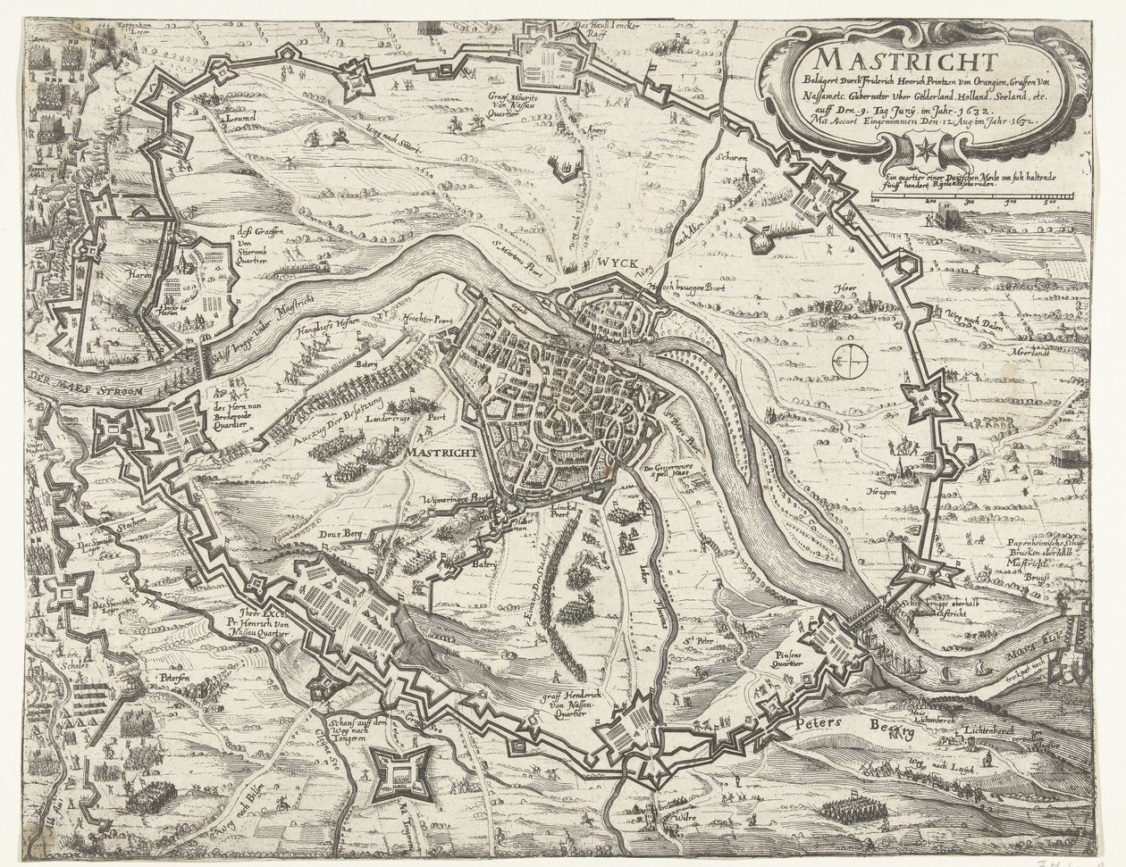 Maastricht ocupada por Frederik Hendrik, 1632 Maestricht sitiada por Friderich Henrich Printzen von Orangien (...) el 9 de junio del año 1632. Tomada con Accort el 12 de agosto del año 1632 (título sobre objeto) de Anonymous