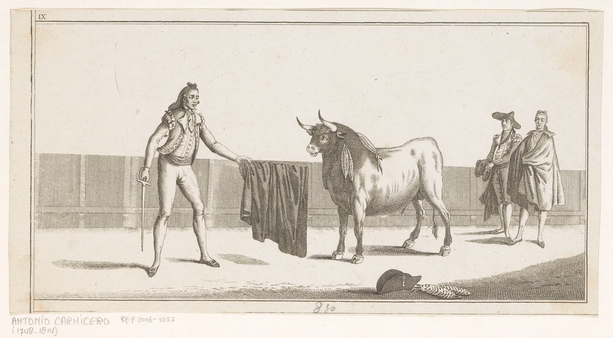 Matador desafía a un toro Colección de las principales suertes de una corrida de toros (título de serie sobre objeto) Colección de las maniobras taurinas más importantes (título de la serie) de Anonymous