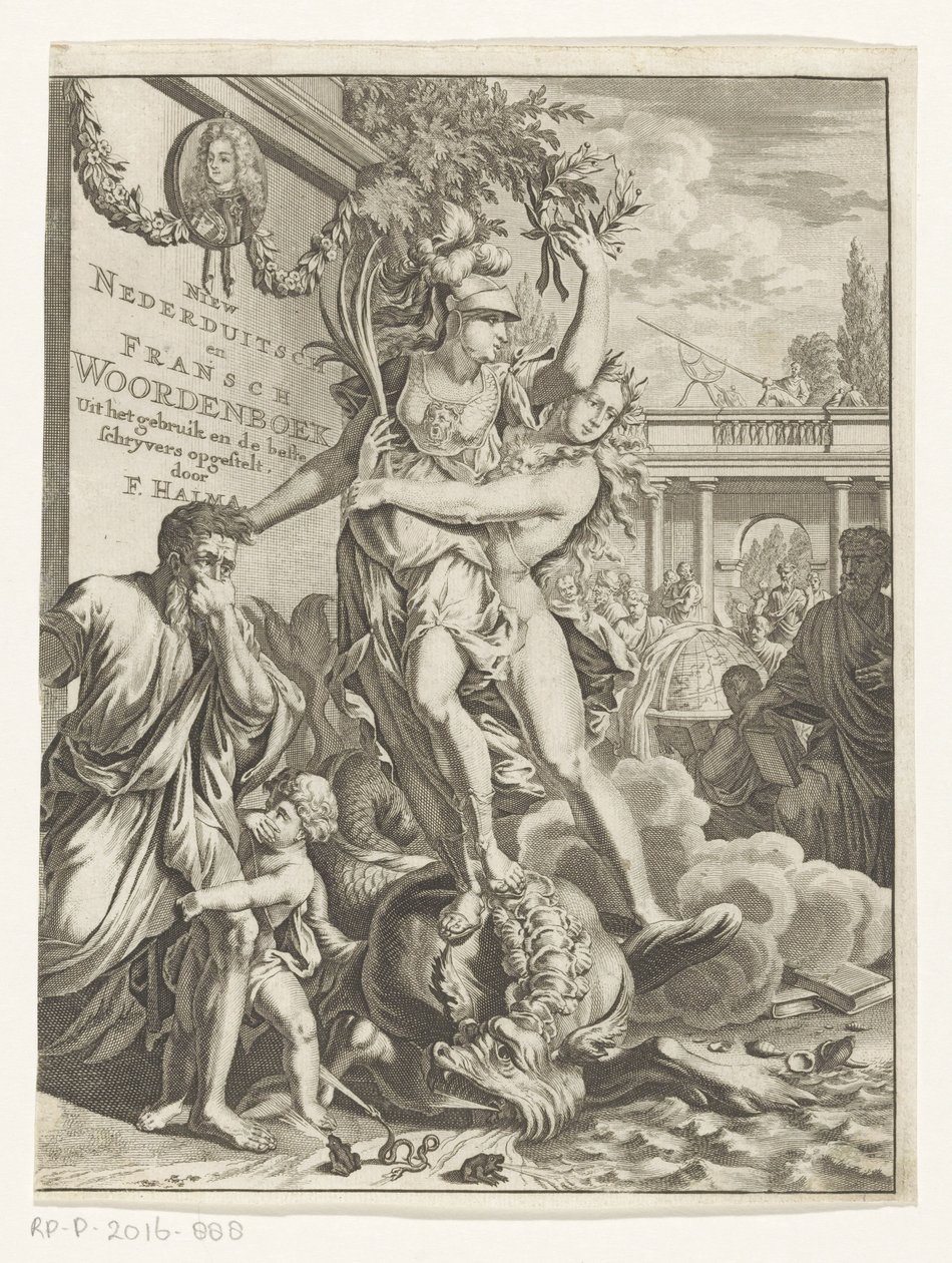 Minerva pisotea monstruo marino que escupe fuego Nuevo diccionario de bajo alemán y francés (título en el objeto) Página de título para: François Halma, Diccionario de lenguas holandesas y francesas, 1710 de Anonymous