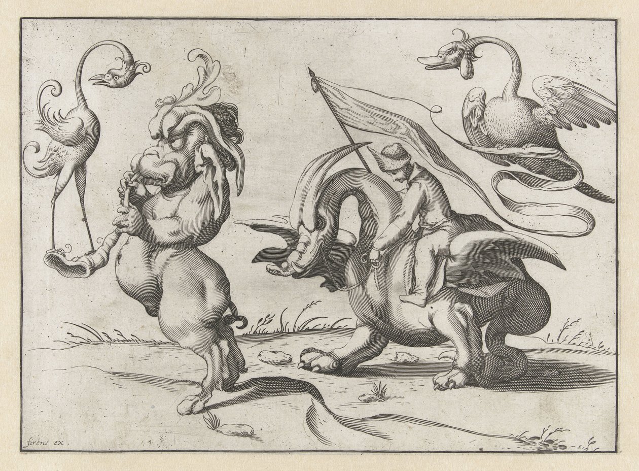 Monstruo con trompeta y especie de grulla Figuras grotescas rodeadas por una línea de encuadre (título de la serie) de Anonymous