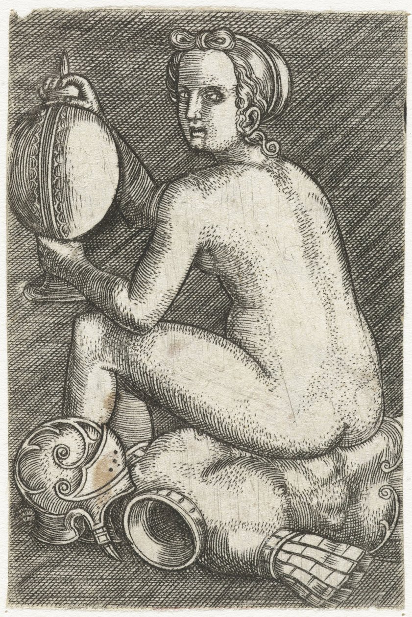 Mujer desnuda sentada sobre una armadura de Anonymous