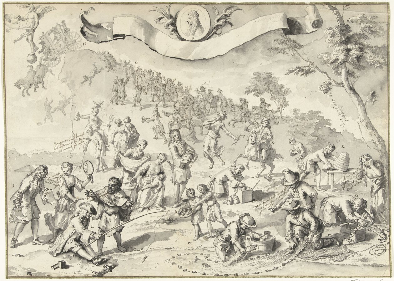 Dibujo para el grabado La avaricia intenta superar a la Fortuna, 1720
La gran escena de la locura (título de la serie) de Anonymous