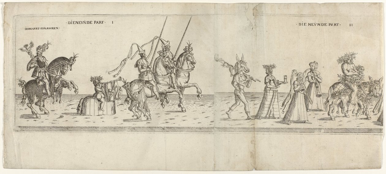 Desfile con personajes disfrazados, incluido el jinete Bernhart von Ahren, un burro con un asador, Janus, Bacchus en un burro y dos músicos. Die neunde Parte I y II (título sobre el objeto) Procesión festiva con agosto, elector de Sajonia, vestido como un  de Anonymous