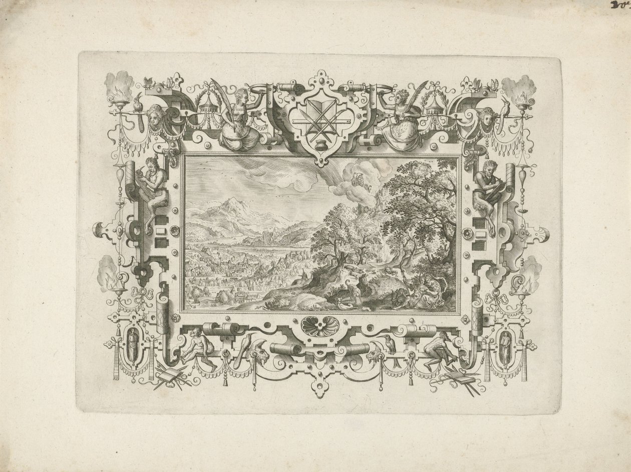 Ornamento Marco con volutas y figuras, en el que un paisaje con Venus y Adonis de Anonymous