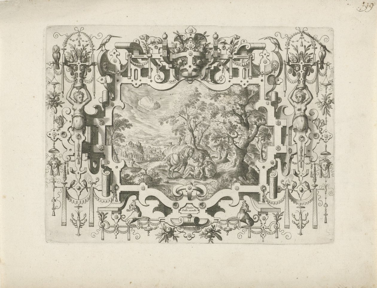 Ornamento Marco con volutas y figuras, en el que paisaje con el Buen Samaritano de Anonymous