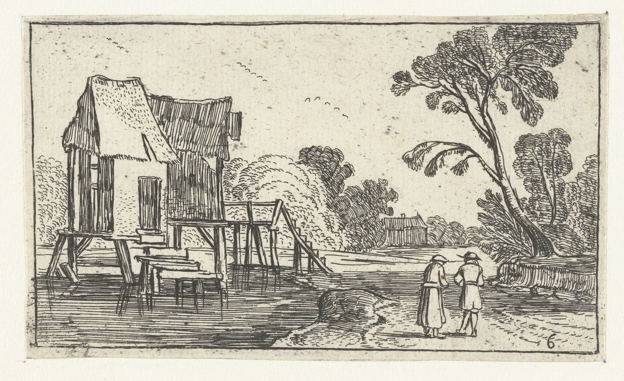 Camino a lo largo de un río con edificios sobre pilotes Paisajes después de Esaias van de Velde (título de la serie) de Anonymous