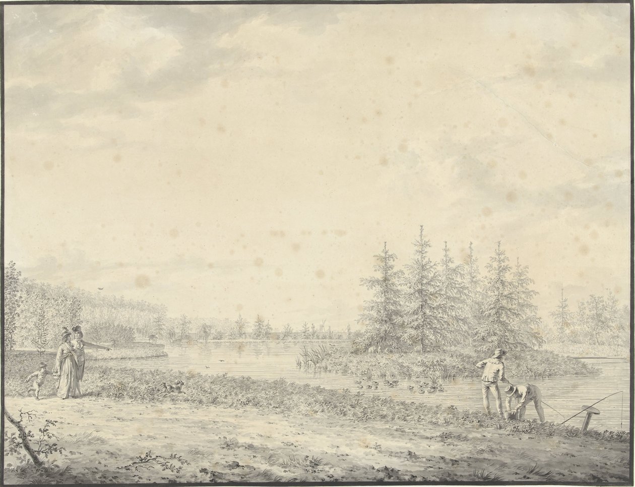 Paisaje del parque con caminantes y pescadores de Anonymous