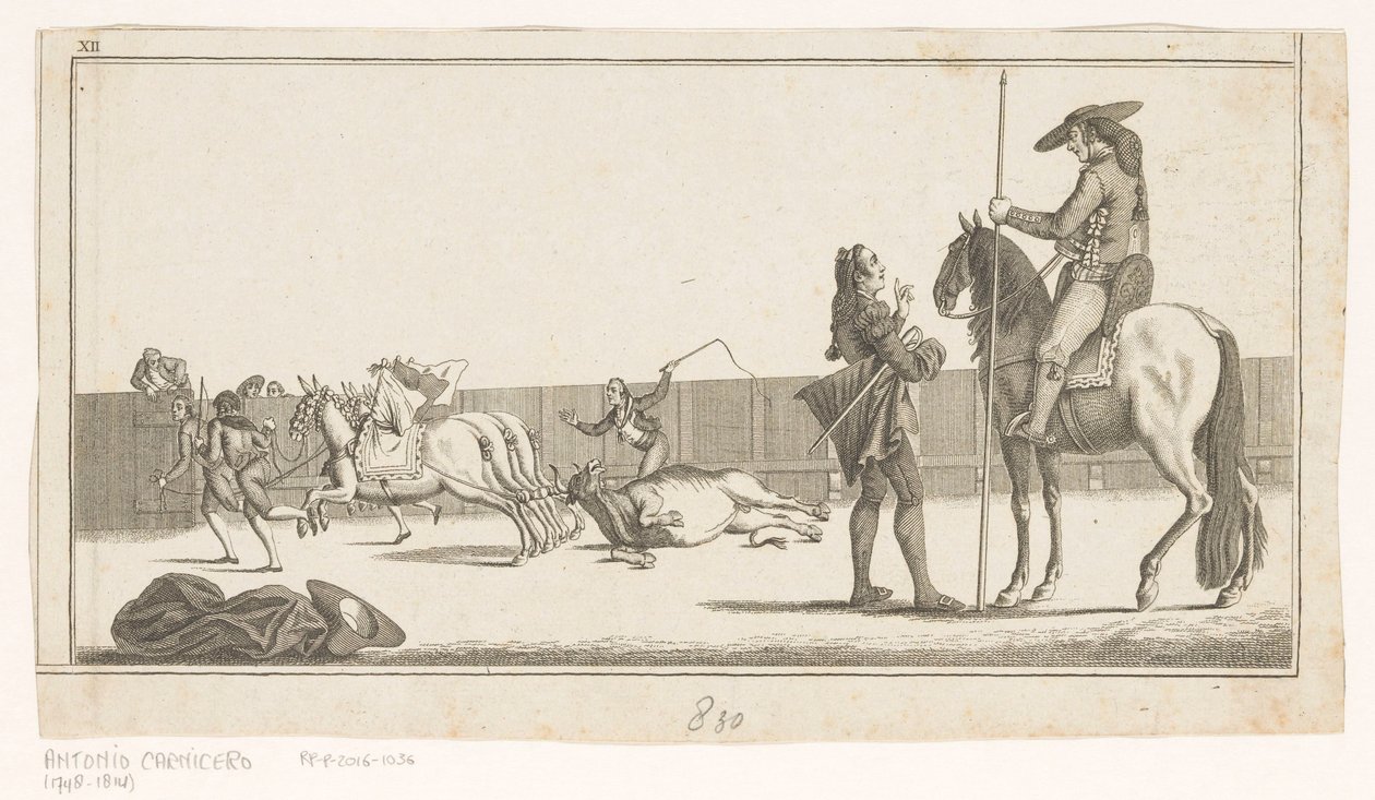 Picador y matador después de matar al toro Colección de las principales suertes de una corrida de toros (título de serie sobre objeto) Colección de las maniobras taurinas más importantes (título de la serie) de Anonymous