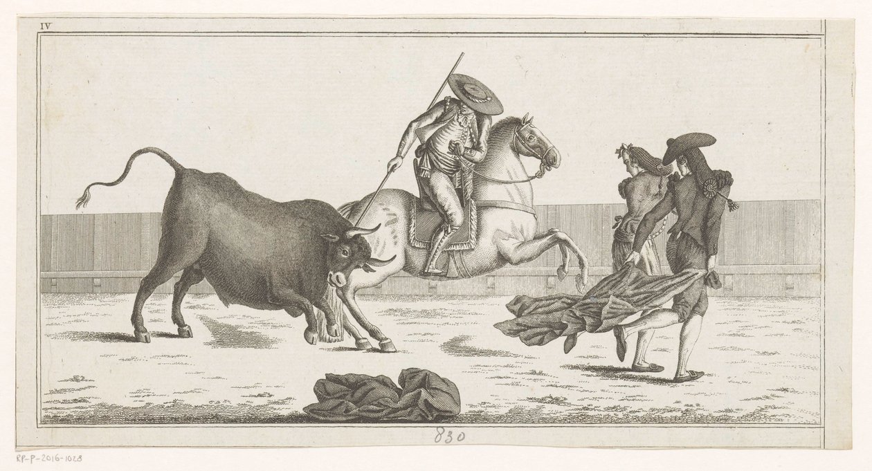 Picador clava su lanza en un toro Colección de las principales suertes de una corrida de toros (título de serie sobre objeto) Colección de las maniobras taurinas más importantes (título de la serie) de Anonymous