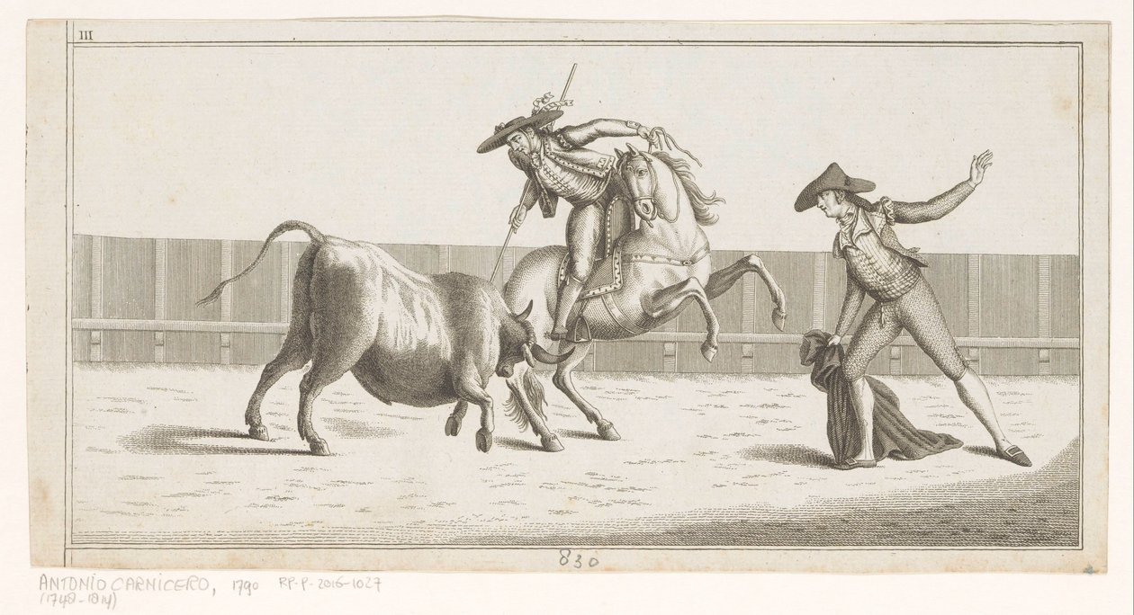 Picador clava su lanza en un toro Colección de las principales suertes de una corrida de toros (título de serie sobre objeto) Colección de las maniobras taurinas más importantes (título de la serie) de Anonymous