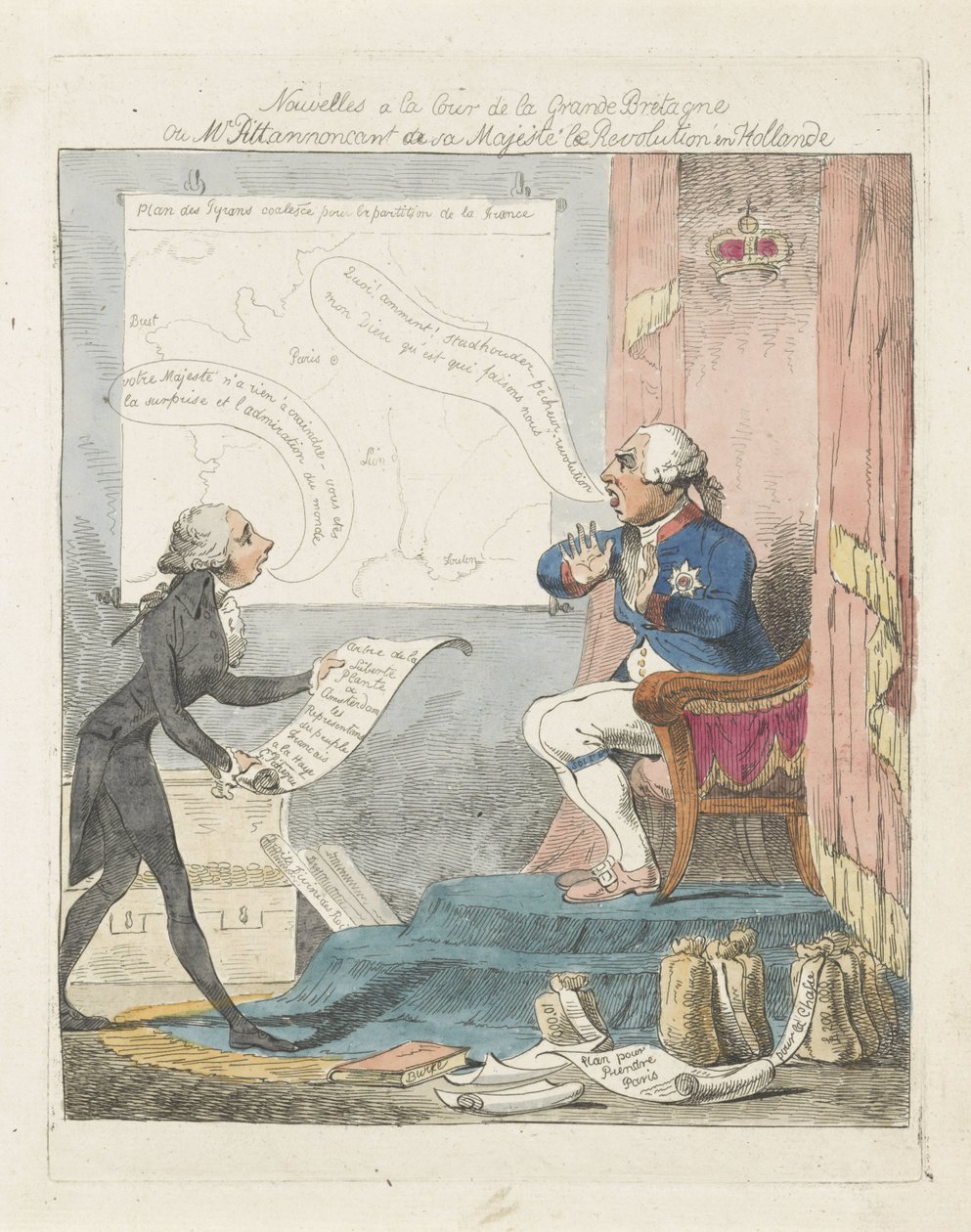 Pitt brengt George III het new over de revolutie in Nederland, 1795 Noticias en la Corte de Gran Bretaña o el Sr. Pitt anunciando a Su Majestad la Revolución en Holanda (título sobre objeto) de Anonymous