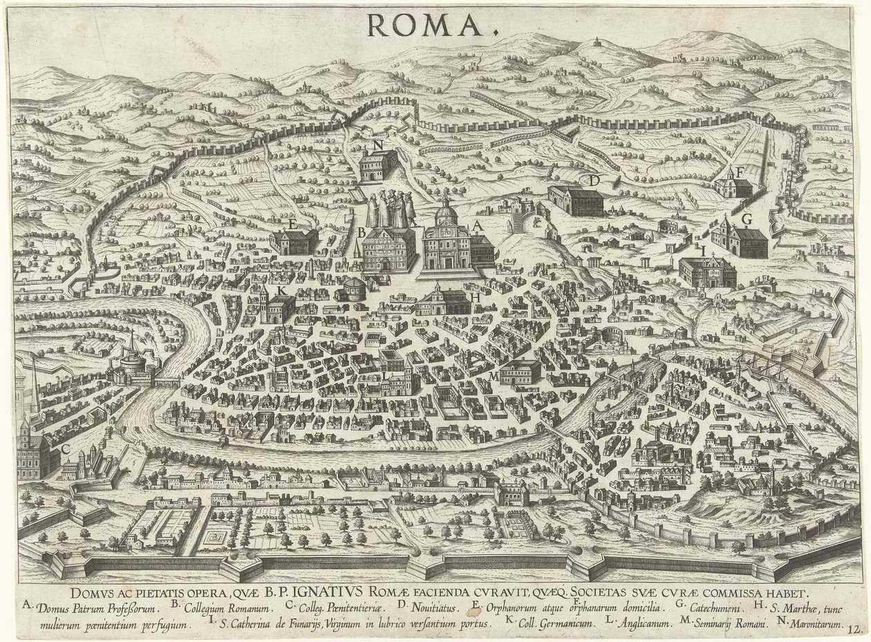 Mapa de Roma que muestra las fundaciones de Ignacio de Loyola Vita beati patris Ignatii Loyolae (título de la serie) Escenas de la vida de Ignacio de Loyola (título de la serie) de Anonymous