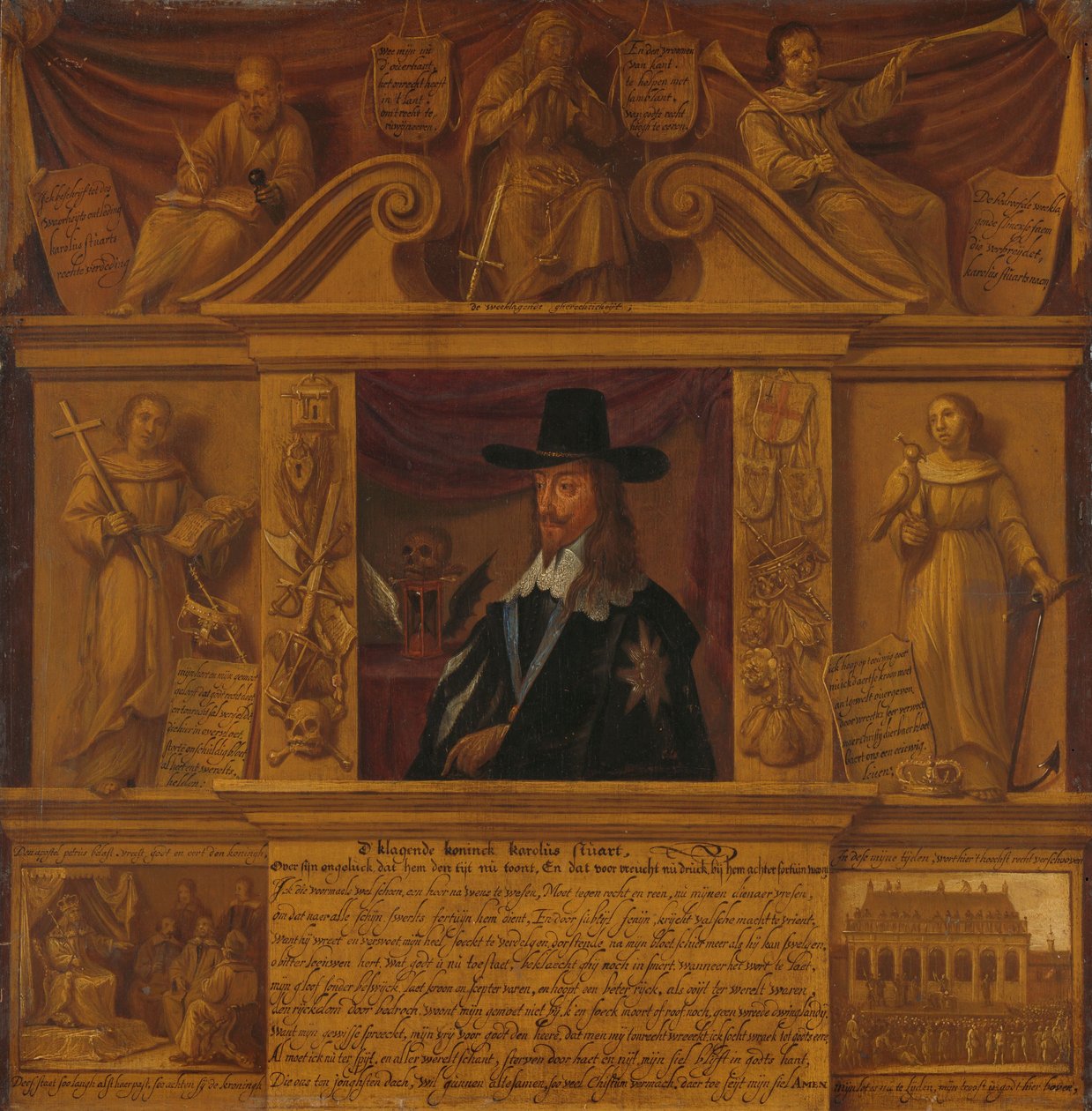 Retrato de Carlos I, rey de Inglaterra, en un marco con figuras alegóricas y representaciones históricas de Anonymous