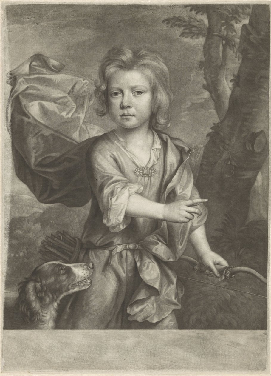 retrato, de, un, señalar, niño, con, arco, y, carcaj de Anonymous