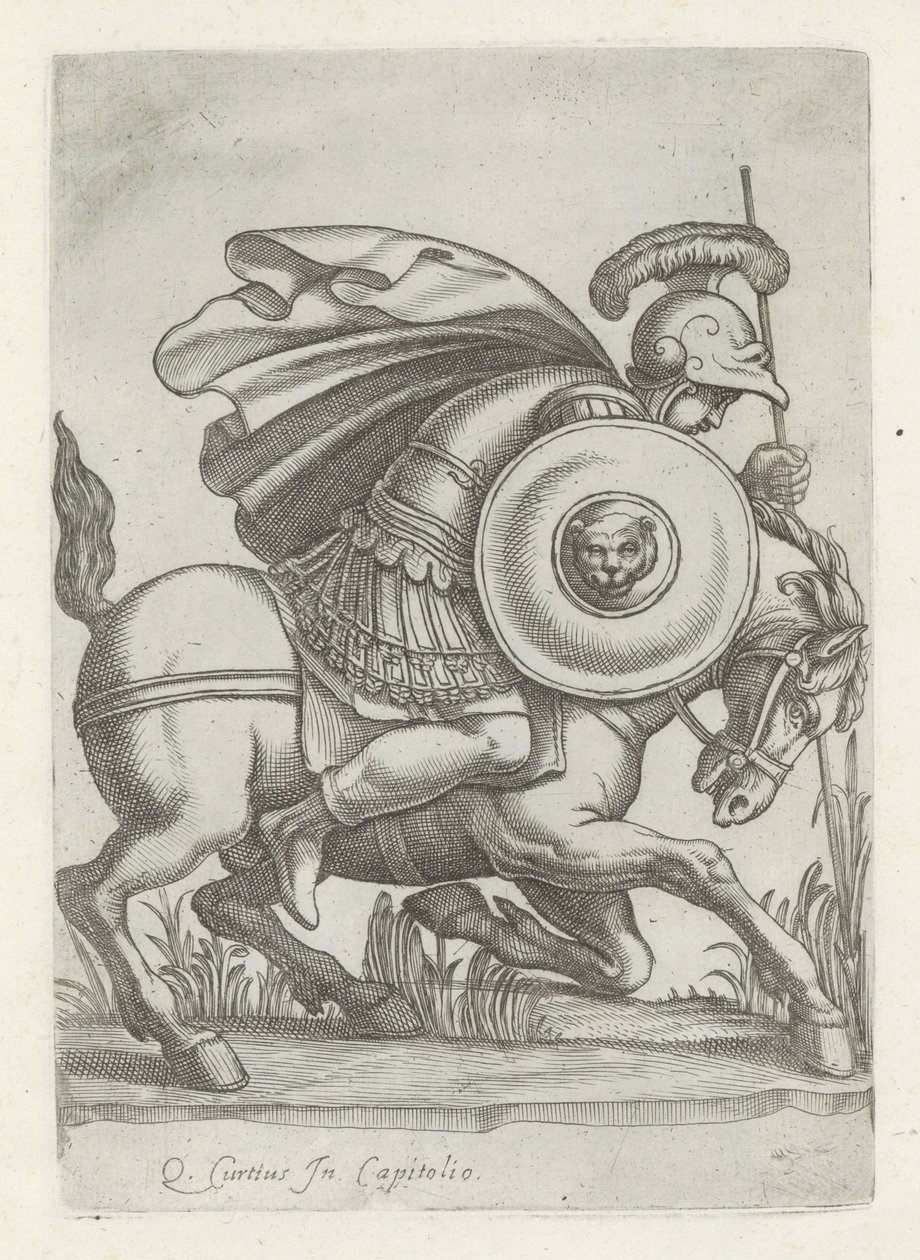 Reliëf met de daad van Marcus Curtius Antieke sculptn en Roma (título de la serie) Los íconos de las estatuas antiguas de la ciudad de Roma que se ven en lugares públicos (título de la serie) de Anonymous