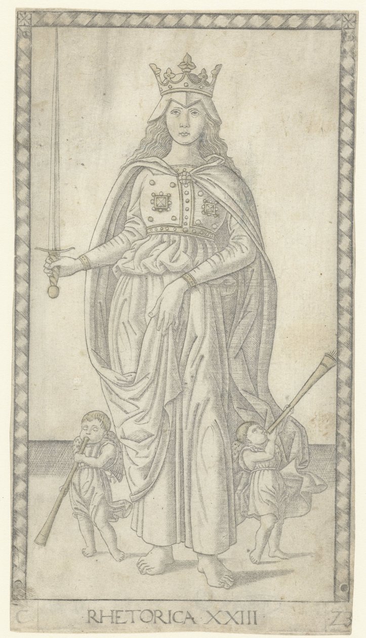 Retórica con espada y dos angelitos con trompetas Retórica (título sobre objeto) Tarocchi (antiguo título de la serie) de Anonymous