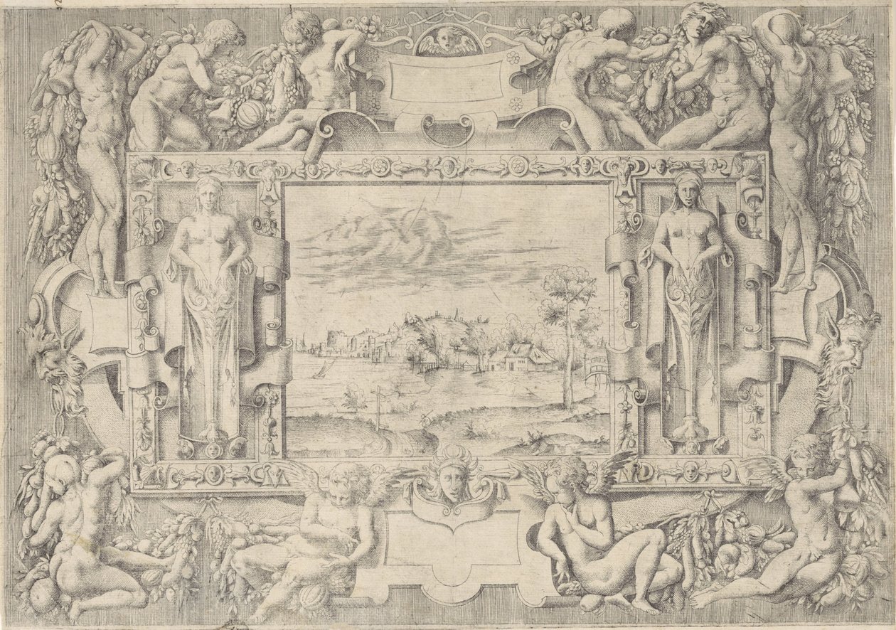 Paisaje fluvial en un marco ornamental. de Anonymous