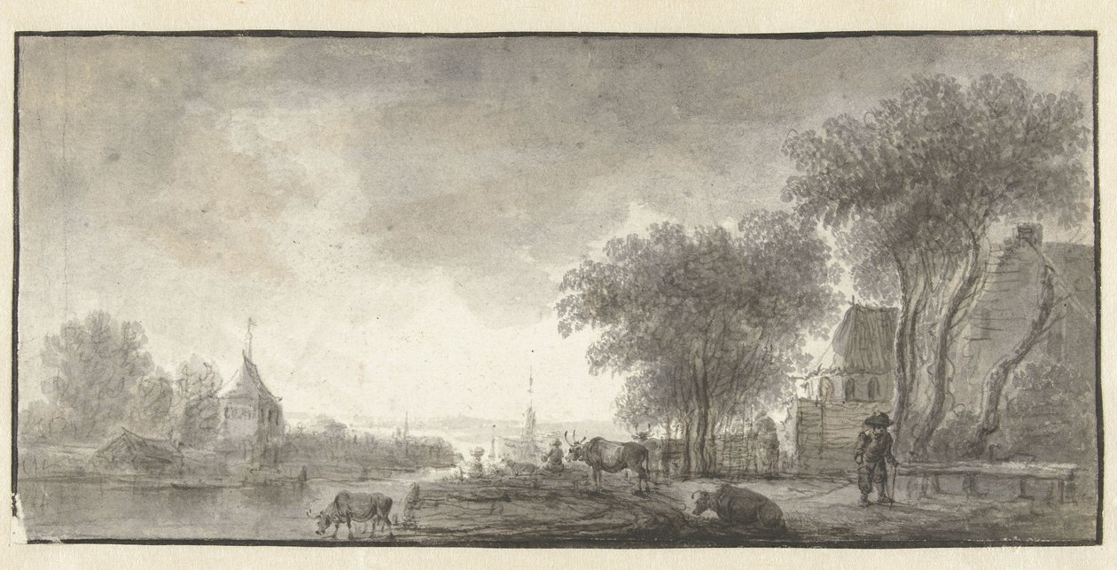 Paisaje fluvial con ganado y algunas casas de Anonymous