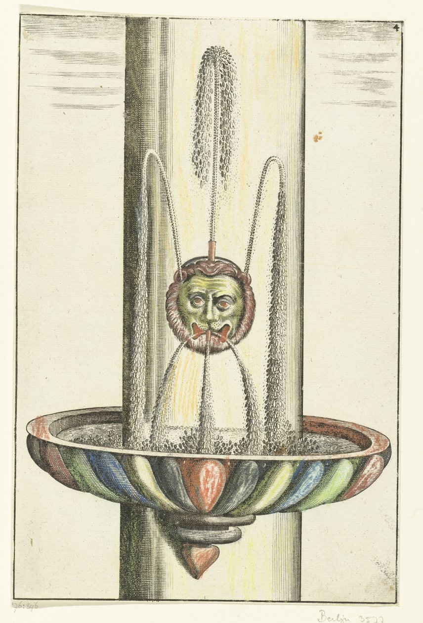 Lavabo redondo con cabeza de león Architectura Curiosa Nova (título de la serie) de Anonymous