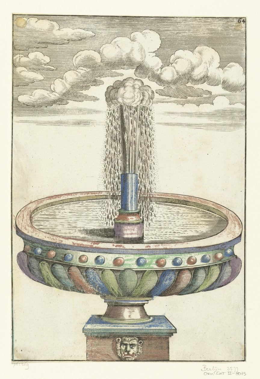 Lavabo redondo sobre pedestal con cabeza de león Architectura Curiosa Nova (título de la serie) de Anonymous