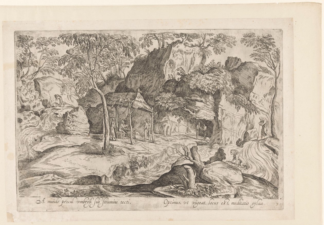 Rotsachtig landschap met dak op palen en rechts leeuw Lejos del mundo, protegido bajo un techo de paja, / El mejor lugar para prosperar es una meditación selvática (título sobre el objeto) Landschappen naar Domenico Campagnola (título de la serie) de Anonymous