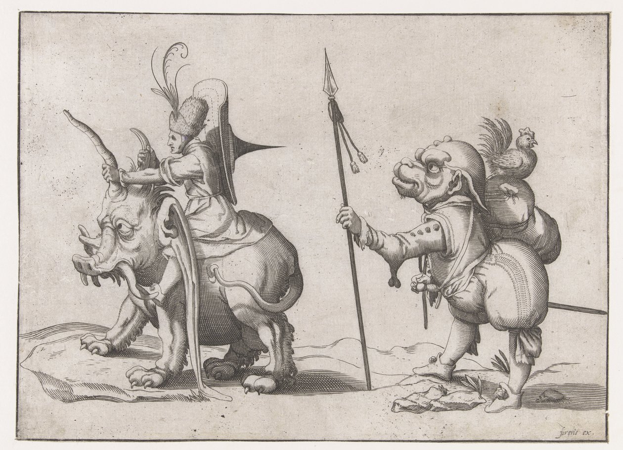 Jinete sobre un monstruo parecido a un elefante Figuras grotescas rodeadas por una línea de encuadre (título de la serie) de Anonymous