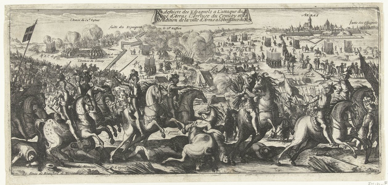 Ruiter Gevecht bij Arras, 1640 La derrota de los españoles en el ataque al sitio de Arras la llegada del convoy y la rendición de la ciudad de Arras a la obediencia del rey (título sobre el objeto) de Anonymous