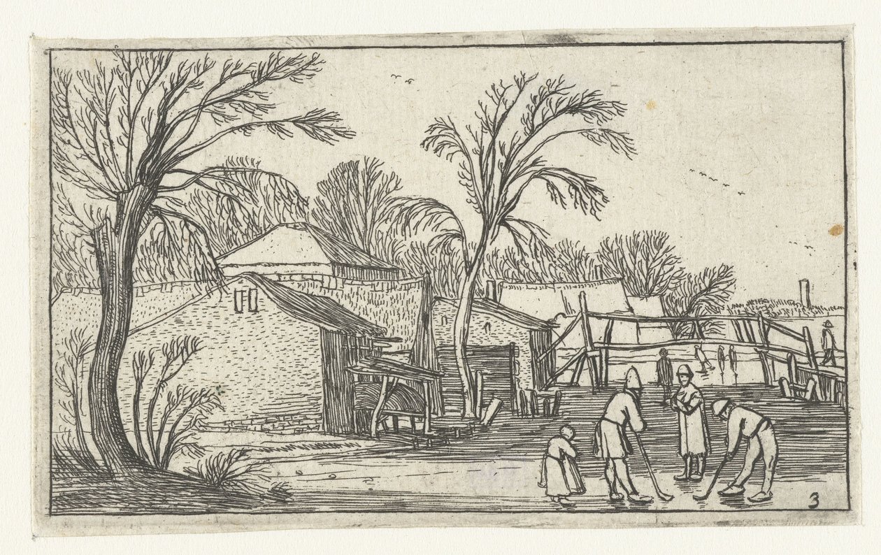 Patinadores y jugadores de petacas en el hielo para granjas. Paisajes después de Esaias van de Velde (título de la serie) de Anonymous