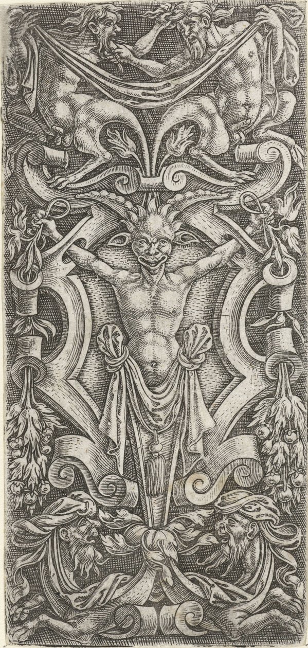 Escudo de pergamino que representa un herme Decoraciones superficiales con grutescos en volutas (título de la serie) de Anonymous