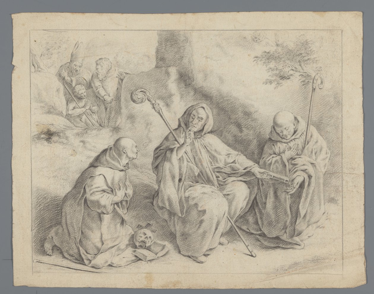 Escena de la vida de un santo con tres monjes, un obispo y dos hombres de Anonymous