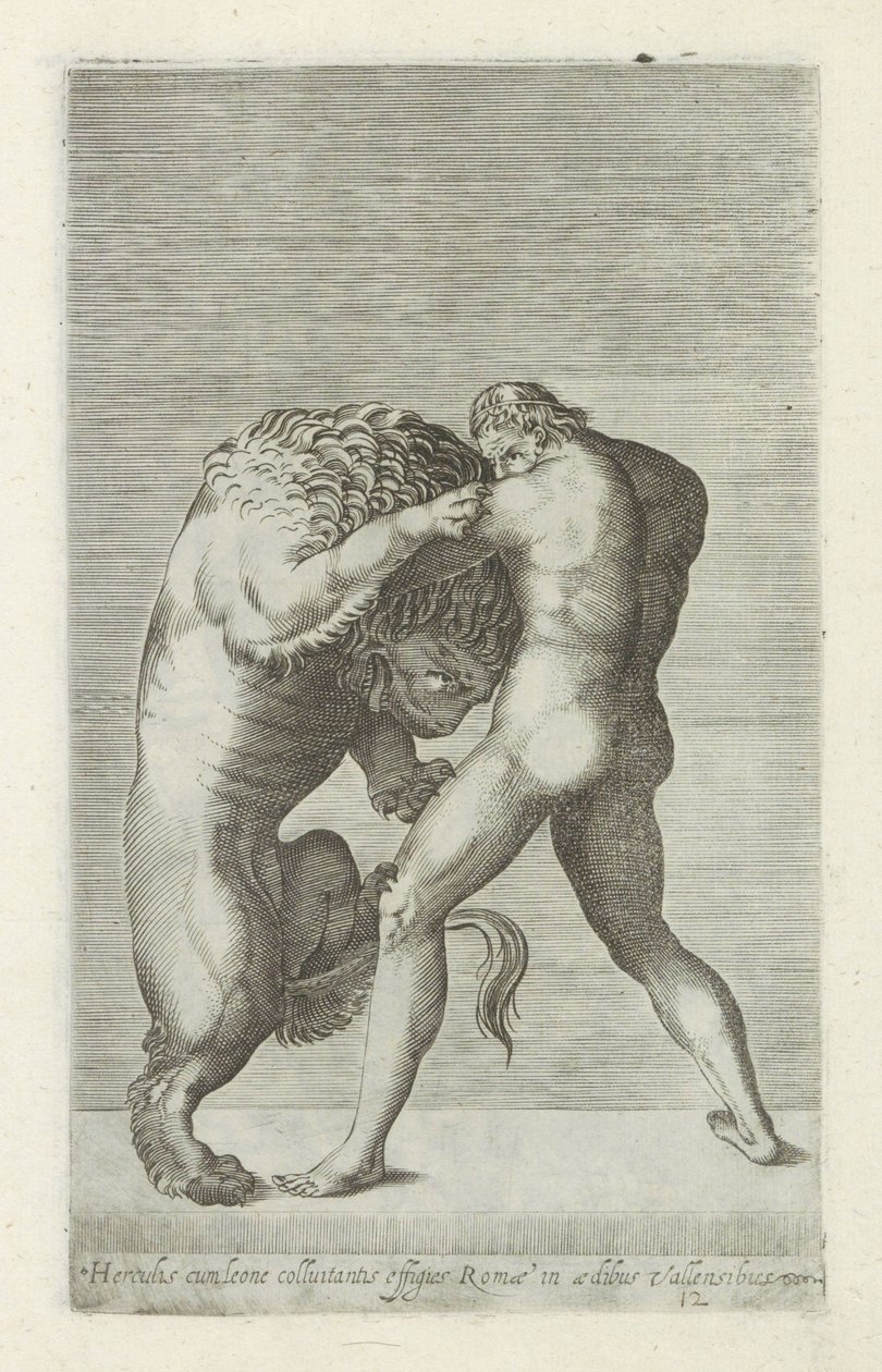 Sculptuur van Hercules in gevecht met de Nemeïsche leeuw Retrato de Hércules con un león derrumbándose en Roma en la casa de los Valla (título sobre objeto) Antieke sculptn en Roma (título de la serie) Las estatuas antiguas de la ciudad de Roma que se ven  de Anonymous