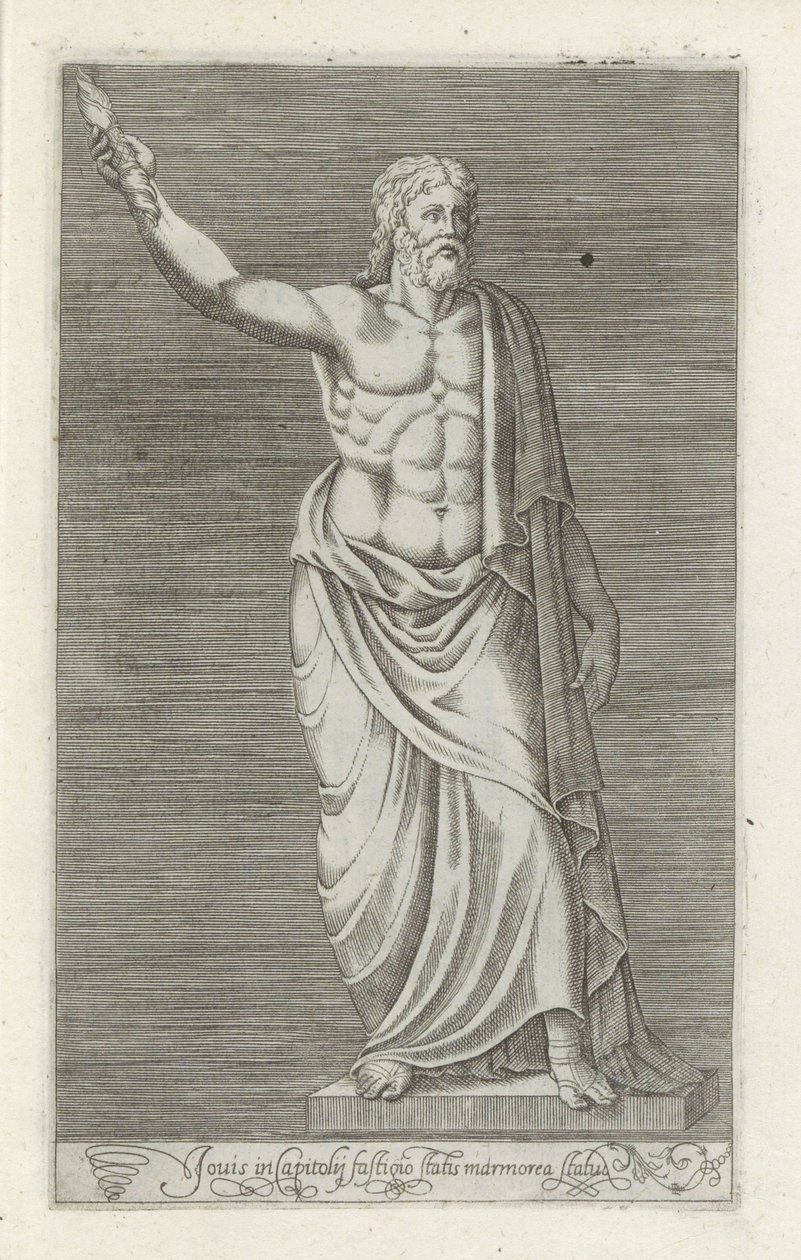 Escultura de Júpiter En la parte superior del Capitolio, hay una estatua de mármol (título sobre el objeto) Antieke sculptn en Roma (título de la serie) Los íconos de las estatuas antiguas de la ciudad de Roma que se ven en lugares públicos (título de la s de Anonymous