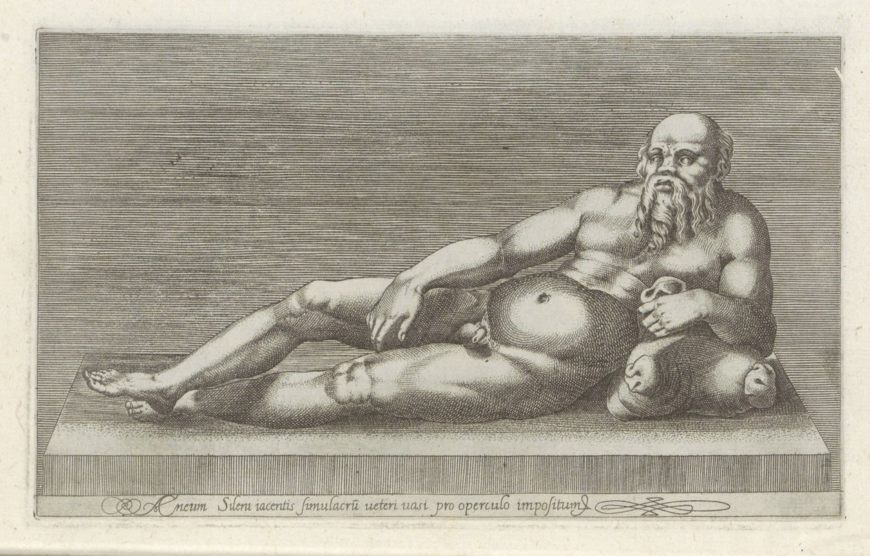 Sculptuur van Silenus La estatua de Eneas Silenus, la imagen caída de un jarrón viejo colocada sobre una tapa (título sobre el objeto) Antieke sculptn en Roma (título de la serie) Los íconos de las estatuas antiguas de la ciudad de Roma que se ven en lugar de Anonymous