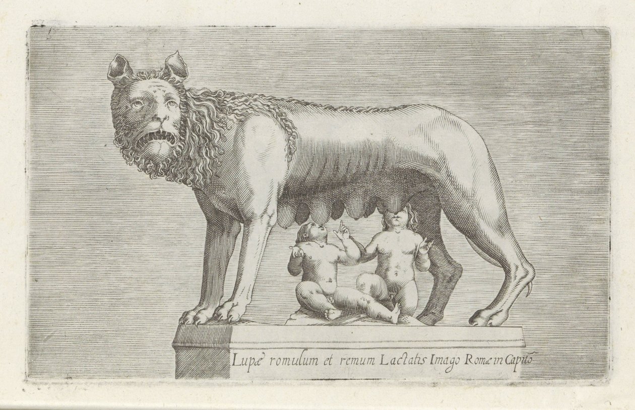 Sculptuur van de Lupa Capitolina die de tweeling Romulus y Remus zoogt Rómulo y Remo chupan la imagen de Roma de Lupa en el capítulo (título del objeto) Antieke sculptn en Roma (título de la serie) Las estatuas antiguas de la ciudad de Roma que se ven en l de Anonymous
