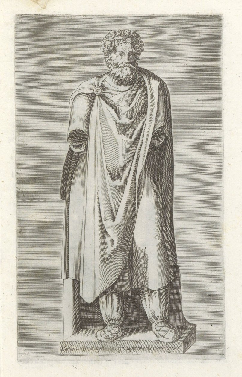 Sculptuur van een gevangen koning Rey Parthorium a los cautivos de piedra negra en Roma en el templo de Cesyrus (título sobre el objeto) Antieke sculptn en Roma (título de la serie) Los íconos de las estatuas antiguas de la ciudad de Roma que se ven en lug de Anonymous