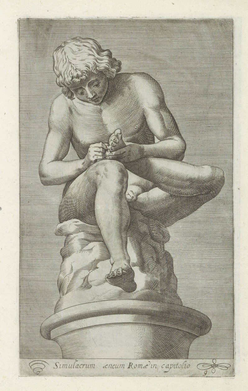 Sculptuur van een jongen met een doorn in de voet Espinario Una estatua de bronce de Roma en el capitolio (título sobre objeto) Antieke sculptn en Roma (título de la serie) Los íconos de las estatuas antiguas de la ciudad de Roma que se ven en lugares públ de Anonymous
