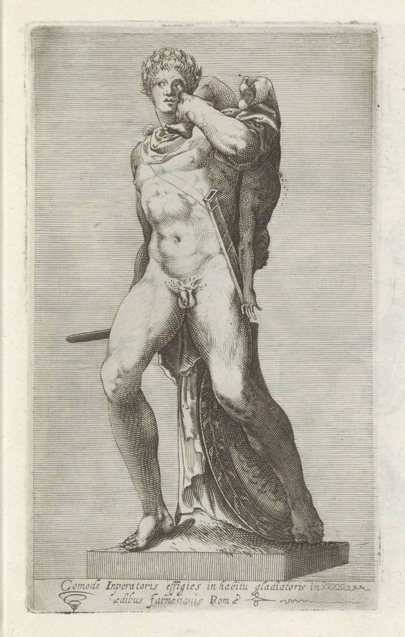 Sculptuur van keizer Commodus como gladiador Retrato del emperador Comodo con ropaje de fanfarrón (...) (título sobre objeto) Antieke sculptn en Roma (título de la serie) Los íconos de las estatuas antiguas de la ciudad de Roma que se ven en lugares públic de Anonymous