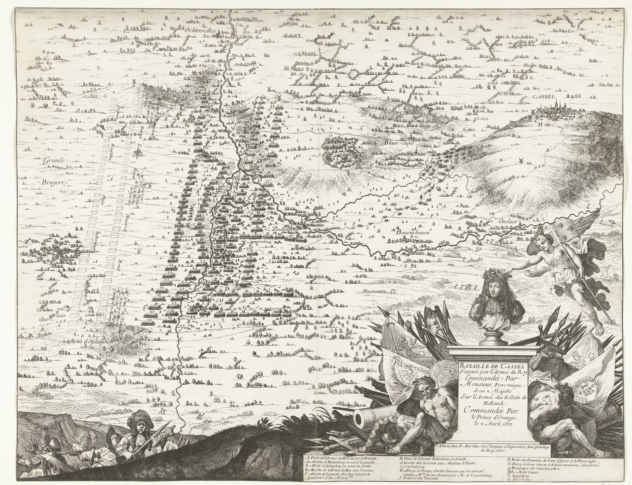 Escoria bij Kassel, 1677 Batalla de Cassel ganada por el Ejército del Rey Comandado por el Único Hermano de Su Majestad en el Ejército de los Estados de Holanda, Comandado por el Príncipe de Orange el 11 de abril de 1677 (título sobre el objeto) de Anonymous