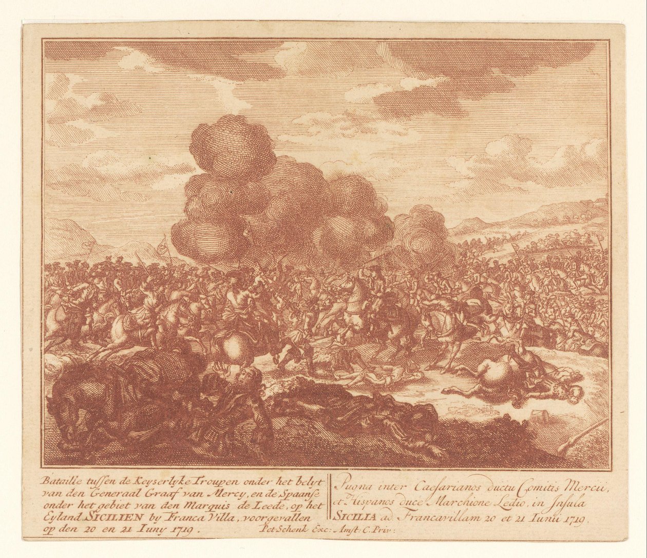 Batalla entre las tropas imperiales y los españoles en Sicilia, junio de 1719
Bataille tussen de Keyserlijke Troupen onder het belyt van den Generaal Graaf van Mercy, en de Spaanse onder het gebiet van den Marquis de Leede (...) (título en el objeto) de Anonymous