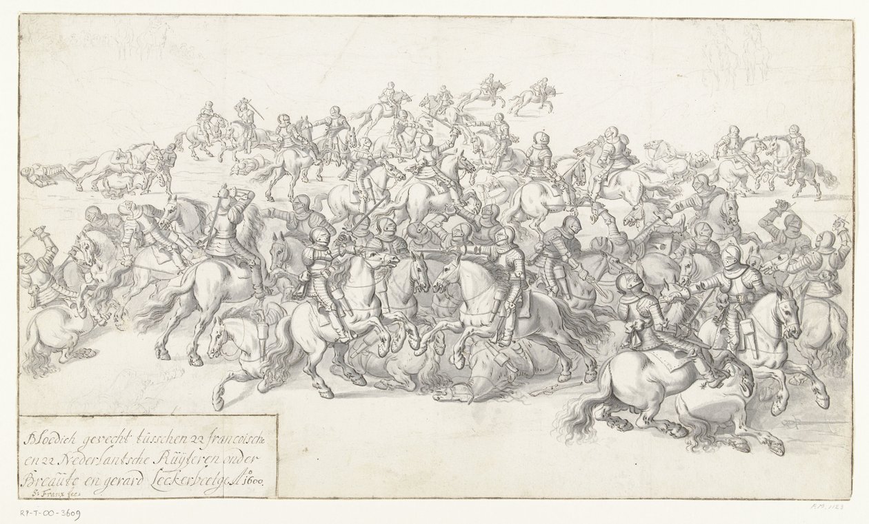 Batalla de Gourmet, 1600 Batalla sangrienta entre 22 Francoian y 22 Netherlandish Ruyteren bajo Breaut y Gerard Leckerbeetge Ao. 1600 (título sobre el objeto) de Anonymous