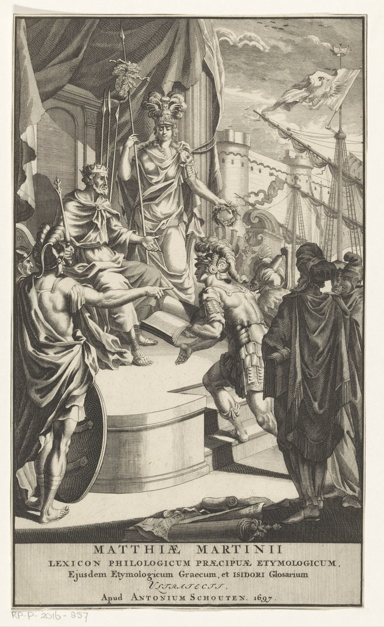 Soldado presenta libro al rey Página de título para: Matthias Martinius, Lexicon philologicum praecipuae etymologicum, 1697 de Anonymous