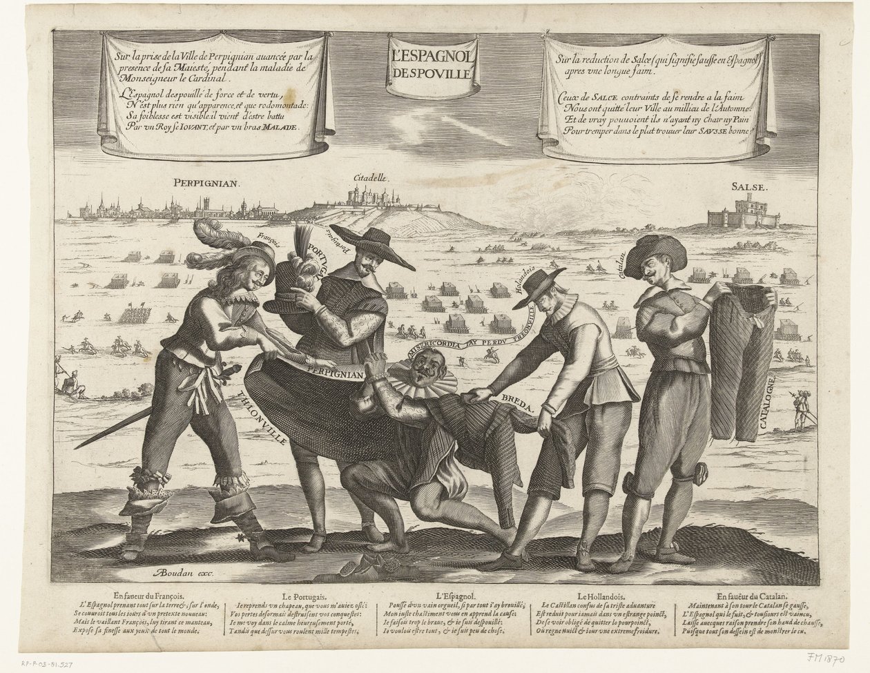 Caricatura de los españoles tras la pérdida de Breda, Thionville, Perpiñán, Portugal y Cataluña, 1643 L