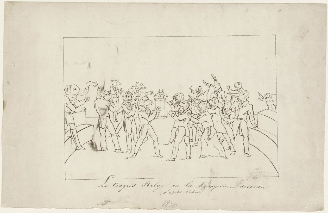 Caricatura que representa el desacuerdo en el Congreso Nacional Belga sobre la elección de un rey, 1831 Le Congress Belge ou la Menagerie en désordre. (d