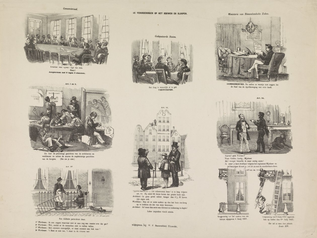 Caricatura de una ordenanza en Utrecht sobre construcción y demolición, 1857 Reglamento de Edificación y Demolición (título sobre objeto) de Anonymous