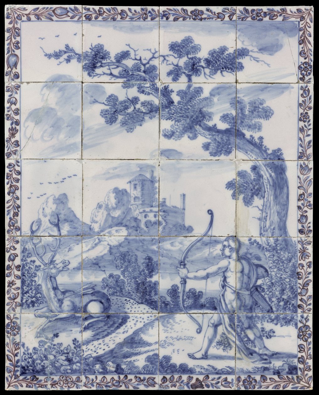 Cuadro de azulejos con paisaje en azul con representación mitológica: Cyparissus se transforma en ciprés de Anonymous