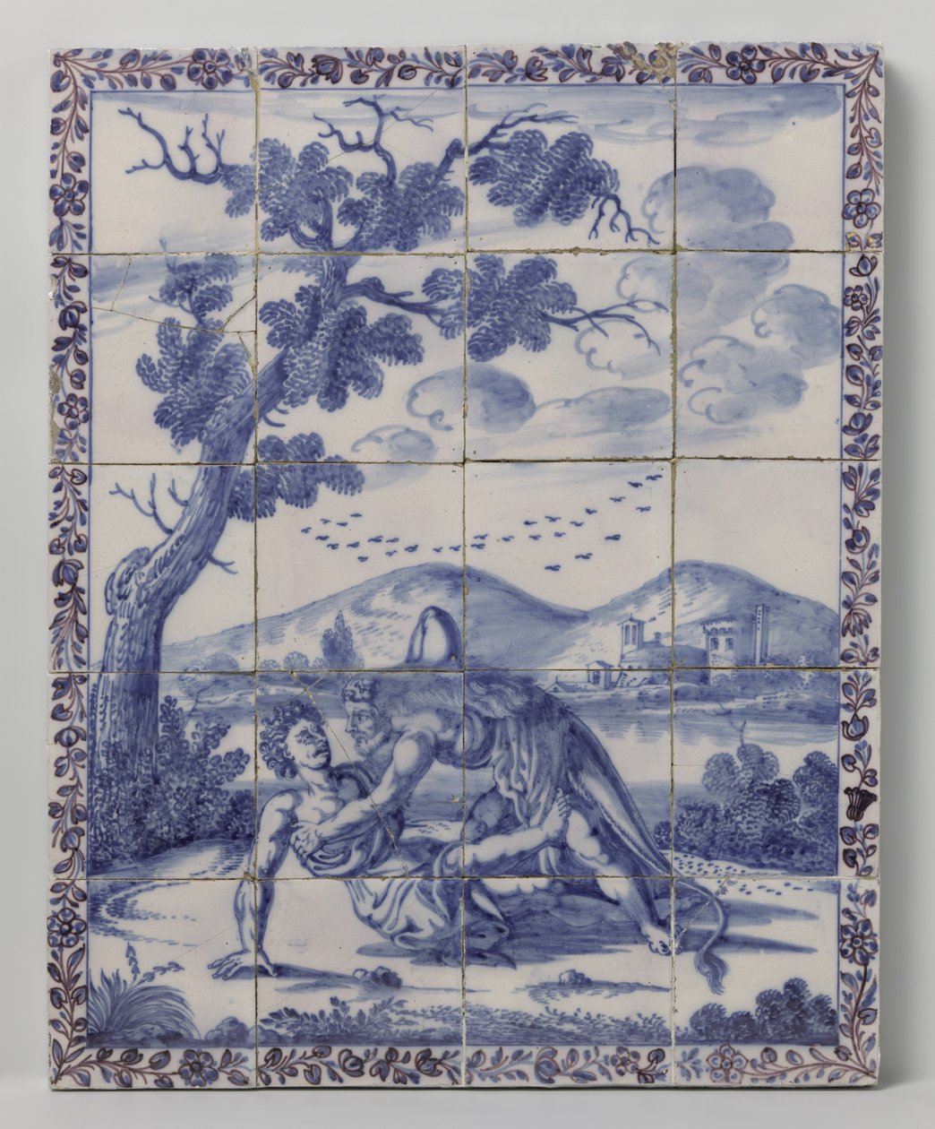 Panel de azulejos con paisaje azul con escena mitológica: Hércules y Aqueloos de Anonymous
