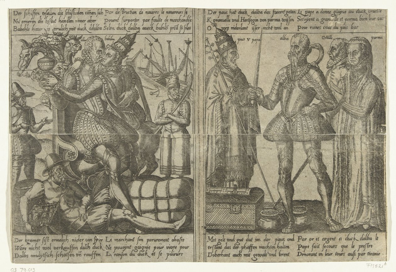 Mientras Alva hace el amor con la puta de Babilonia, la economía del país cae en declive / Margarita de Parma, Granvelle y el Papa apoyan la misión de Alva, c.1567-1572 La misión de Alva en los Países Bajos y las consecuencias de su tiranía (copias), 1572  de Anonymous
